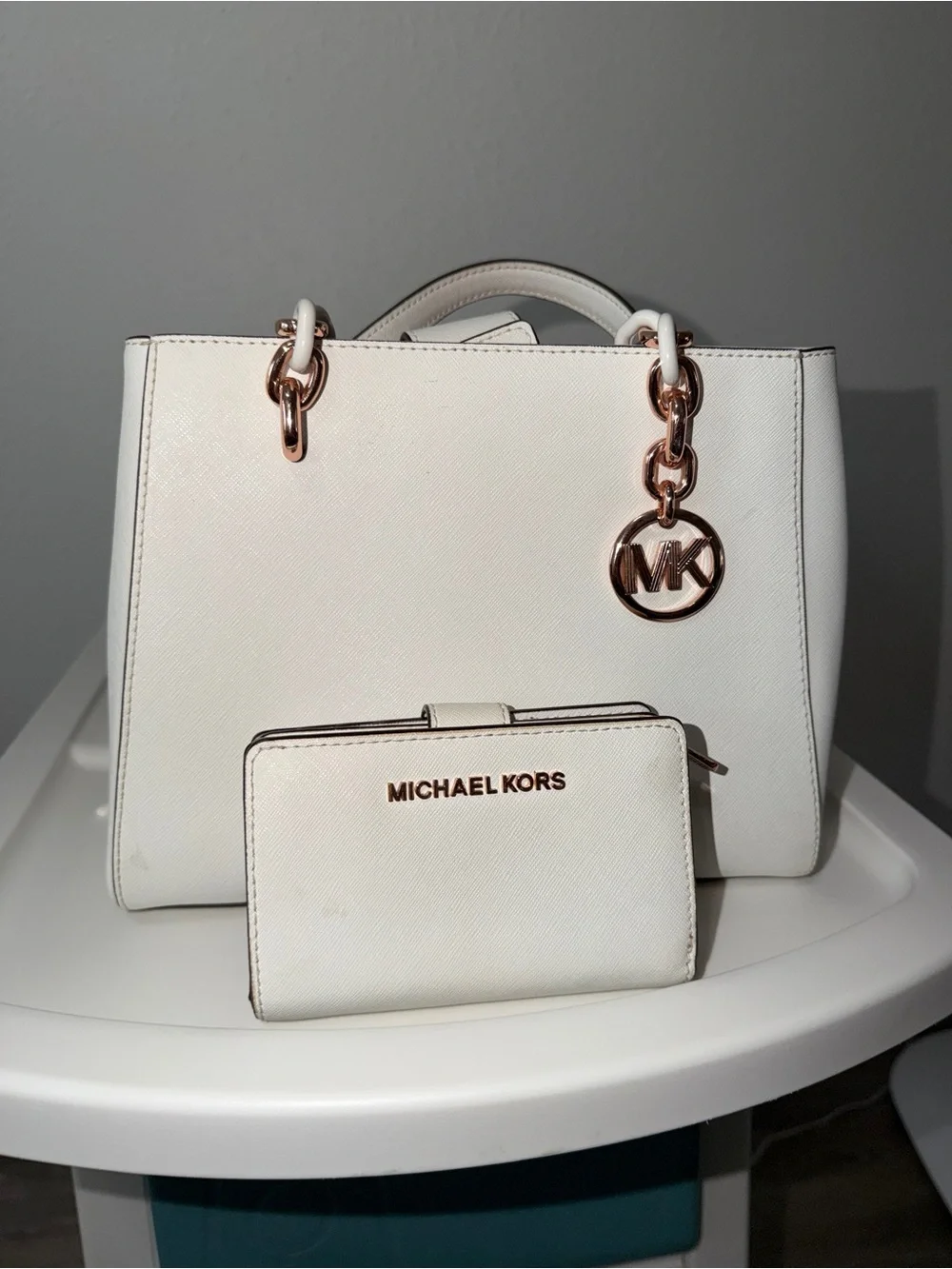 Michael Kors White Saffiano Satchel with Matching Wallet